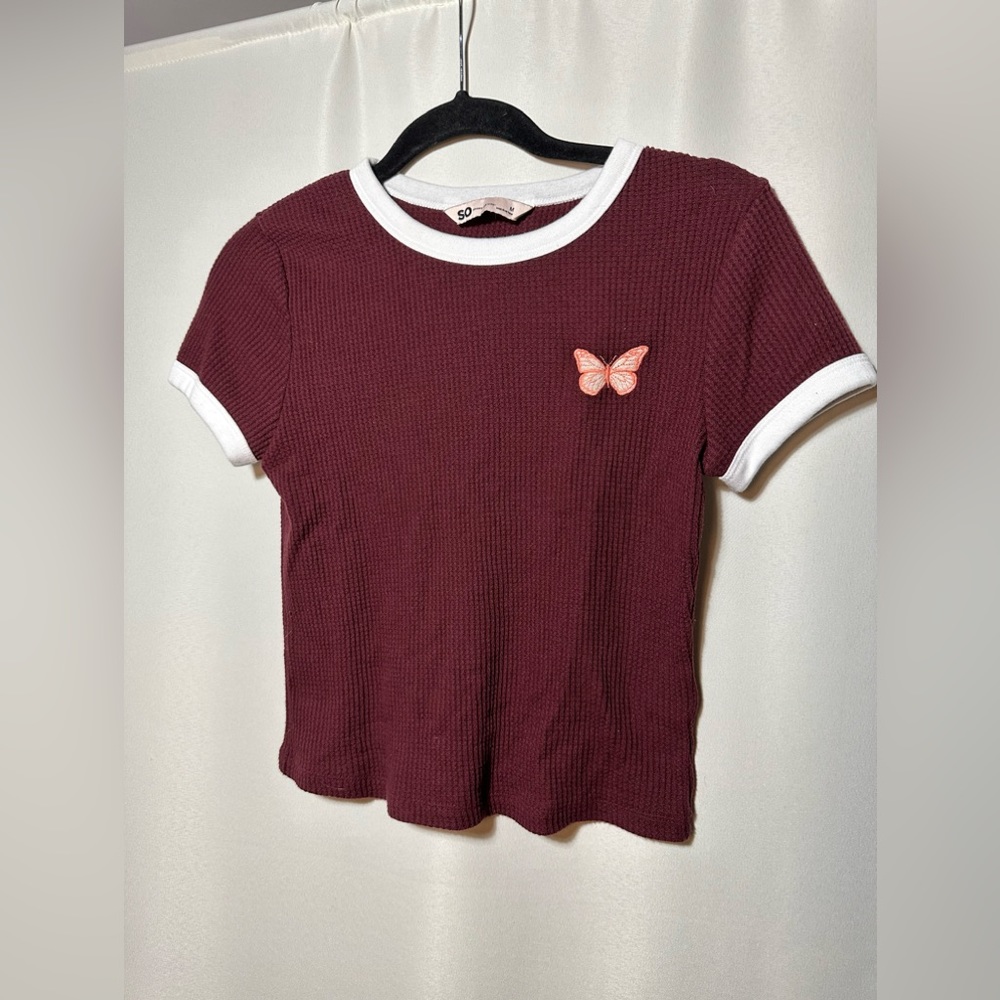 So Good For Life Woman’s Waffle Crop Top Maroon With Butterfly Patch Size Medium